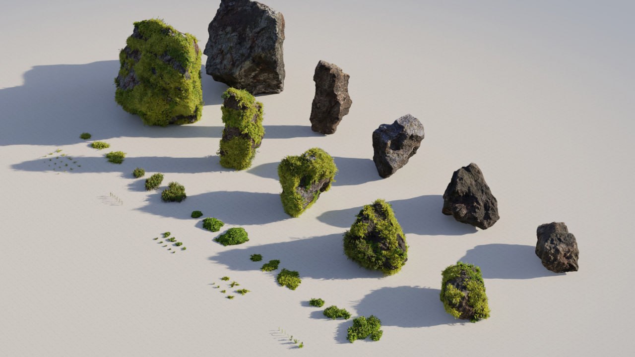 苔藓7种和石头 – PBR资产包-Moss 7 Species and Stones – PBR Asset Kit