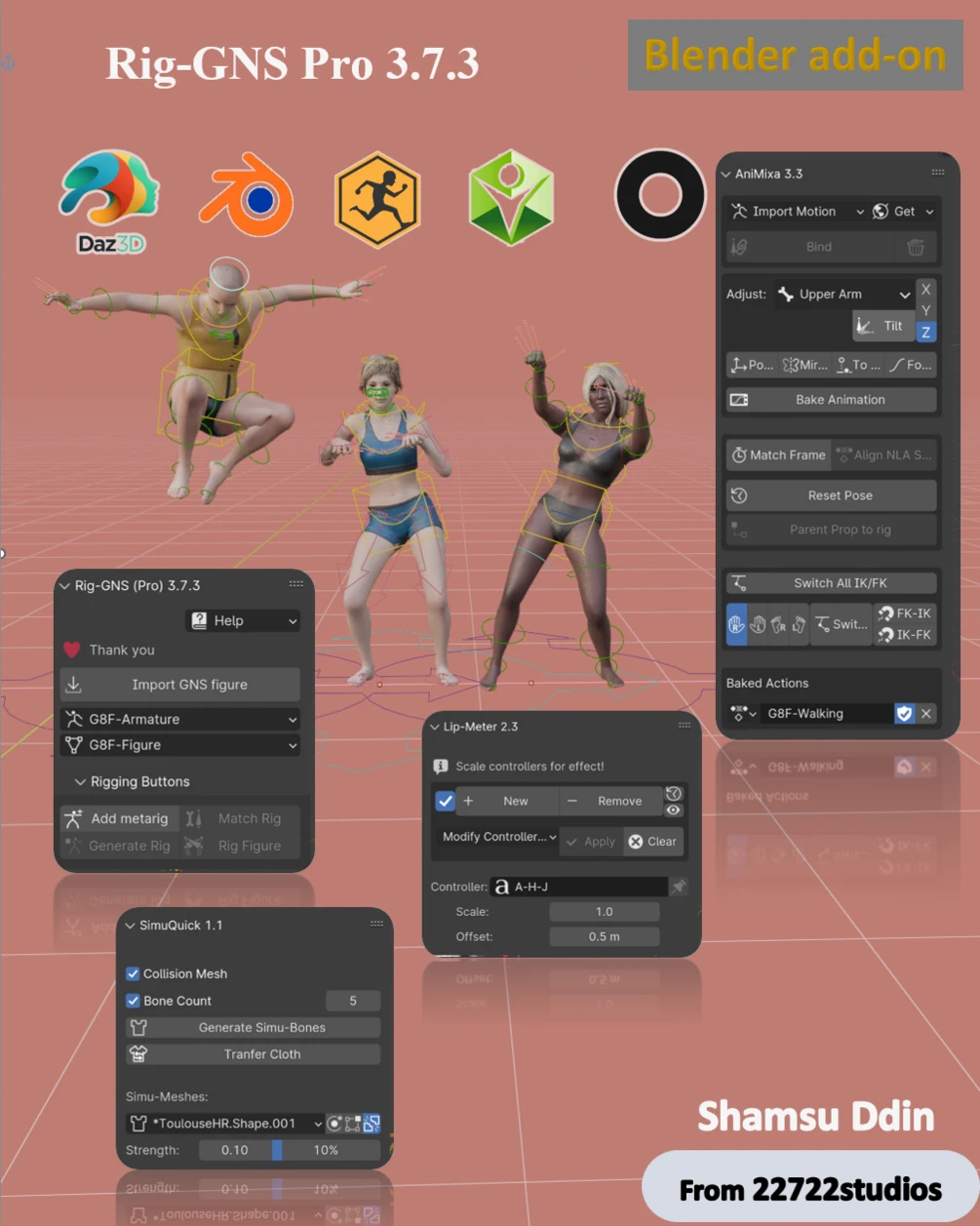 Blender插件 Rig-GNS 3.3.7 Daz Mixamo绑定动画桥接复制动作库同步