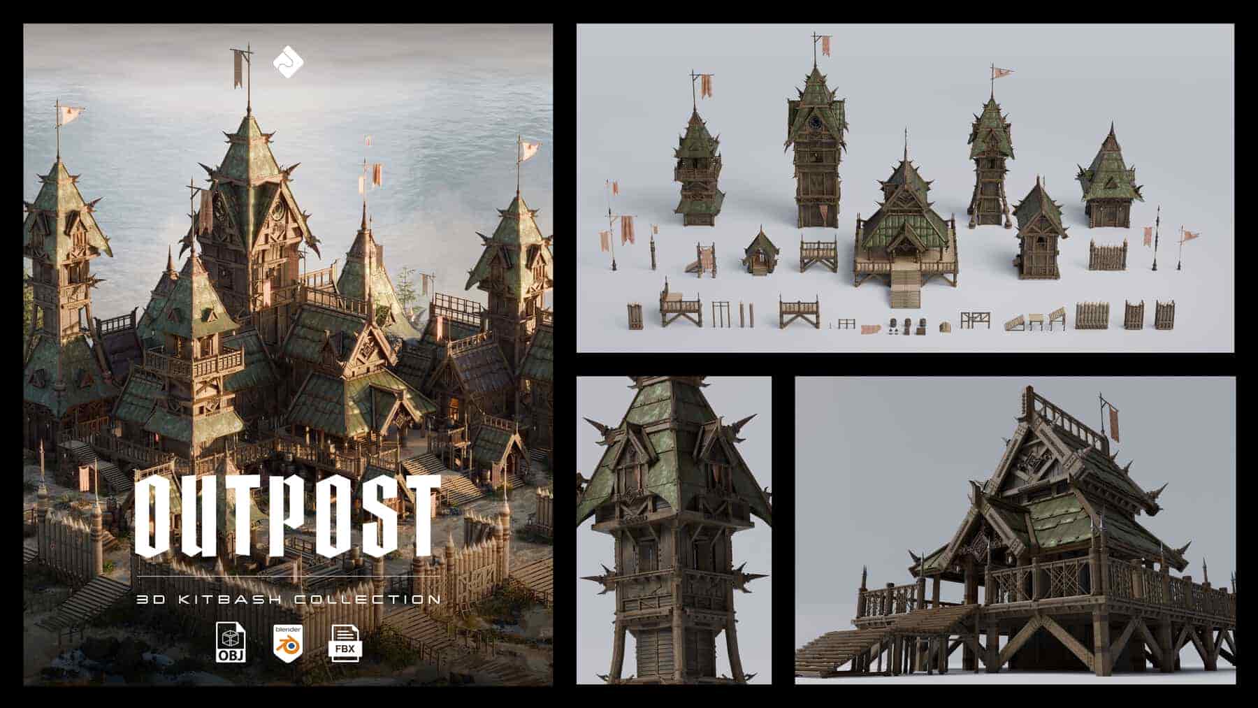 前哨站：中世纪军事建筑与环境3D资源包 – Outpost: Medieval Military Buildings and Environment 3D Asset Kitbash Pack