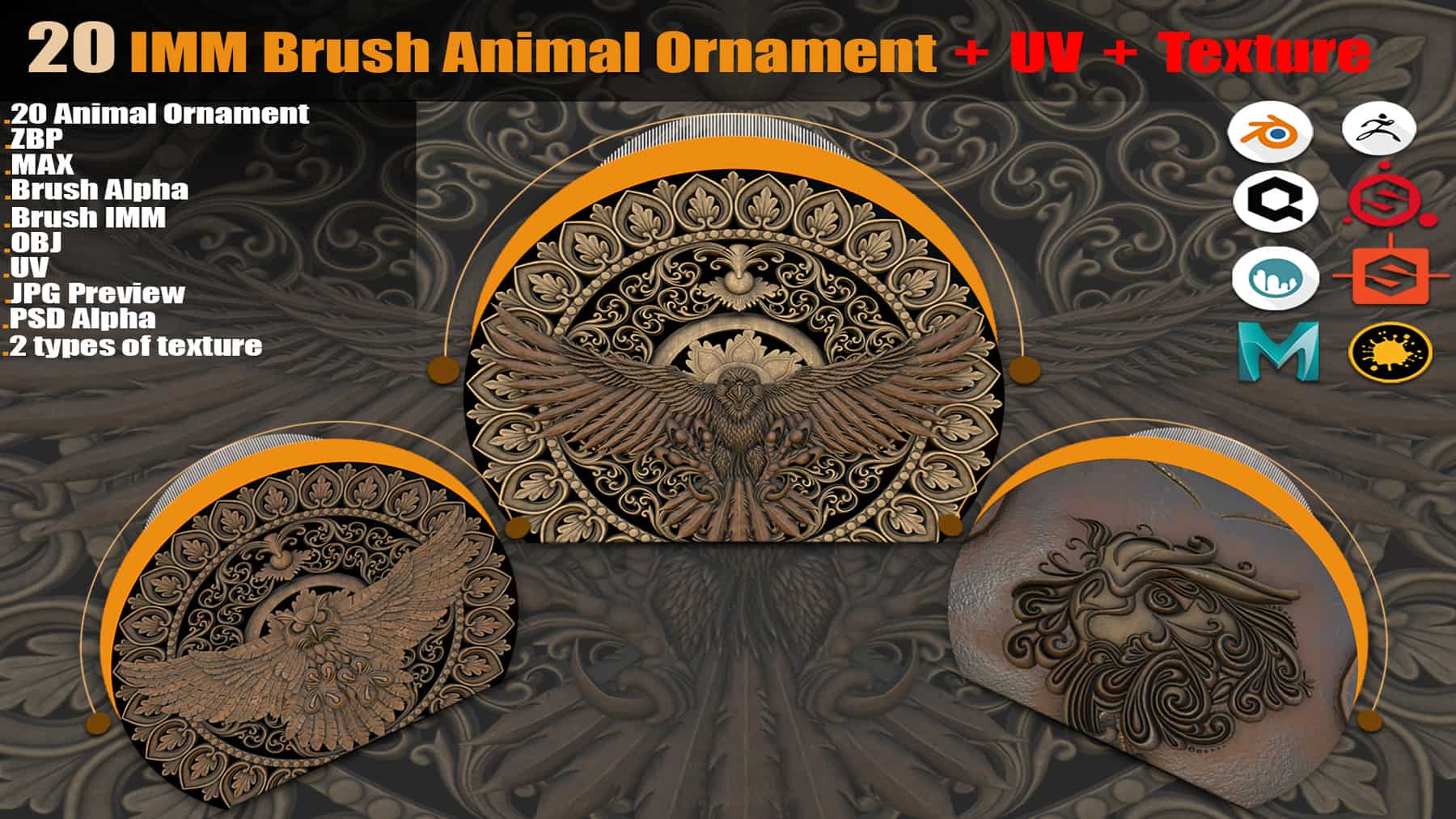 动物装饰IMM笔刷与PBR纹理合集 – 20 IMM Brush Animal Ornament & PBR Texture Pack