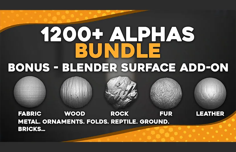 笔刷包 – 1200+ Alphas Bundle for ZBrush, Blender. Surface Add-on for Blender.