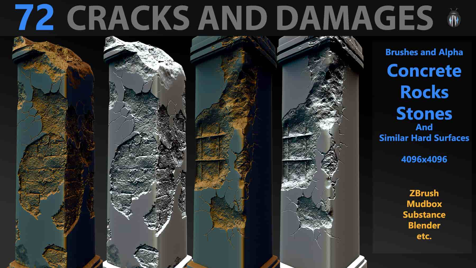 裂缝破损笔刷-Cracks And Damages 4K Brushes and Alpha Pack
