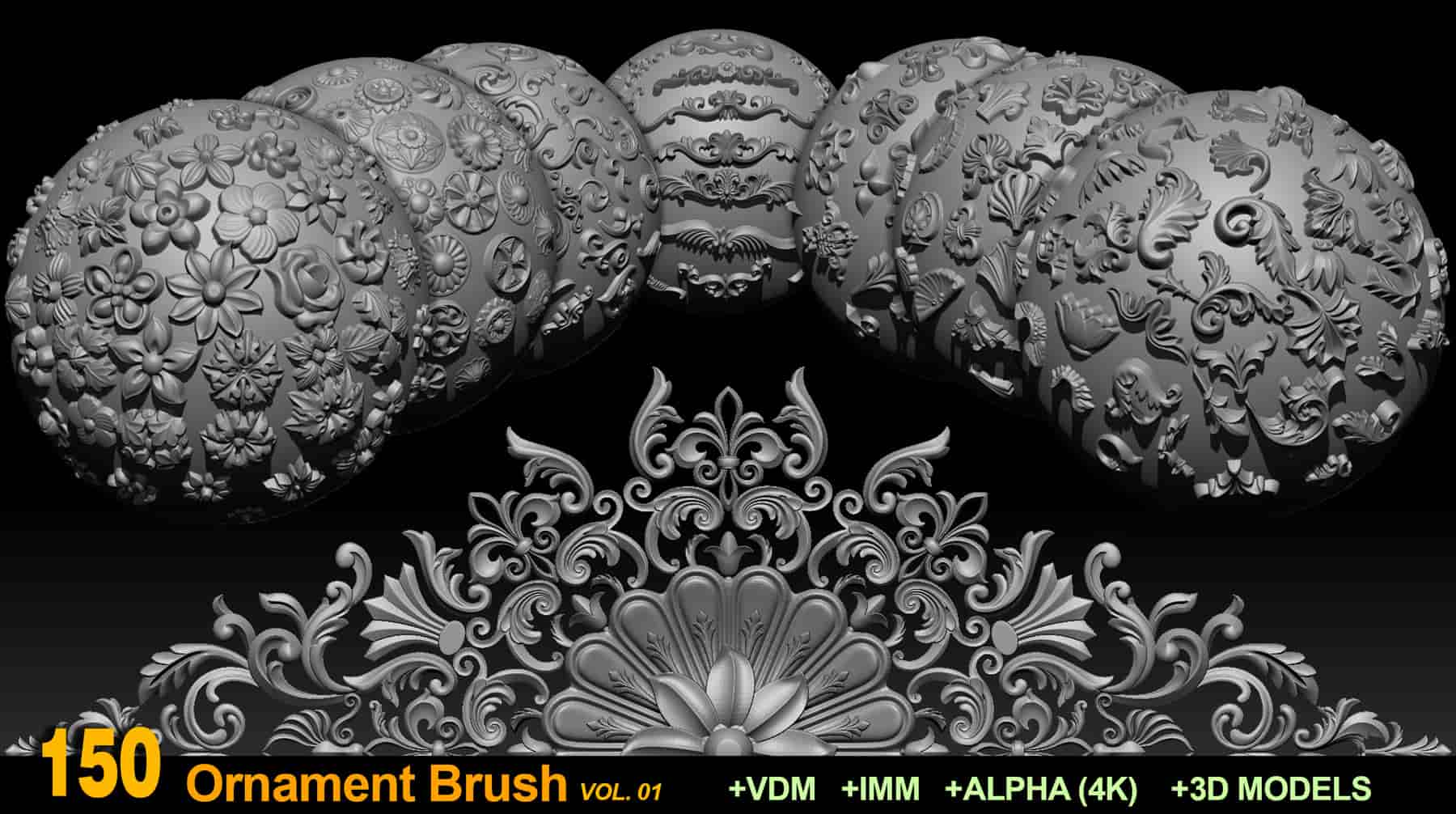 装饰品笔刷和模型-150 Ornament Brushes and Alphas + 3D Models VOL 01