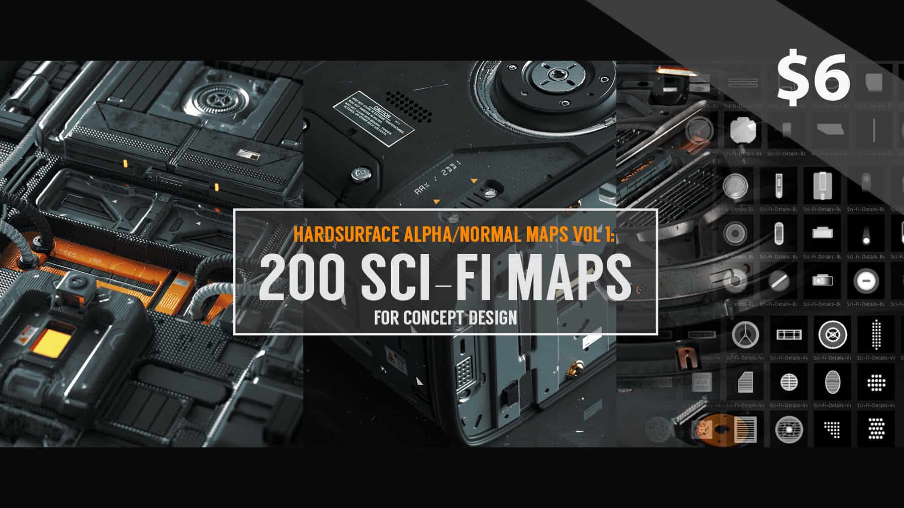200组Zbrush硬表面雕刻Alpha法线纹理贴图合集-Hardsurface Alpha/Normal Maps Vol 1: 200 Sci-Fi Maps