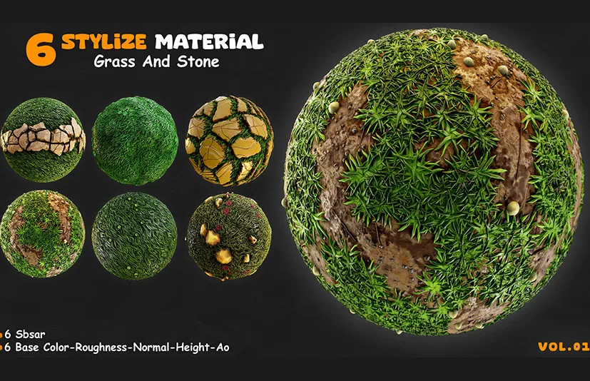 6个风格化草和石头 – 6 Stylize Material Grass And Stone