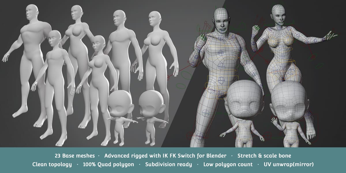 基础角色模型入门套件 + 高级绑定 v2.7 – Base Meshes Character Starter Kit + Rig v2.7