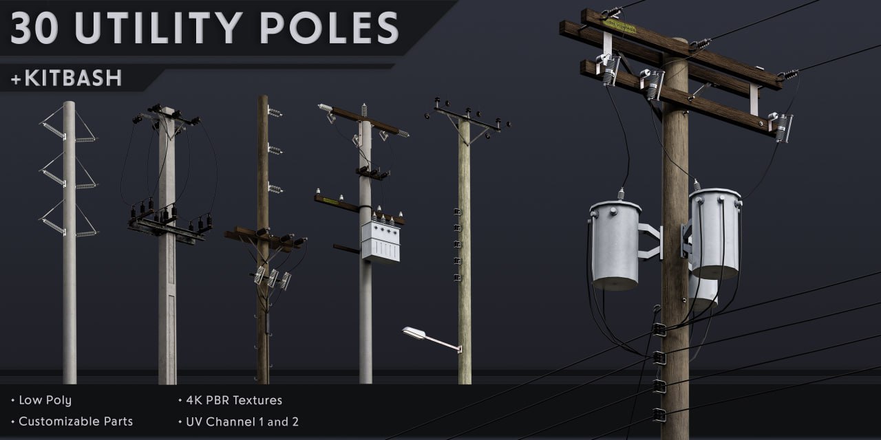 30个低多边形电线杆 + Kitbash套件 – 30 Low Poly Utility Poles + Kitbash