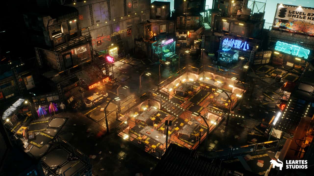 赛博朋克屋顶市场环境 – Cyberpunk Rooftop Market Environment