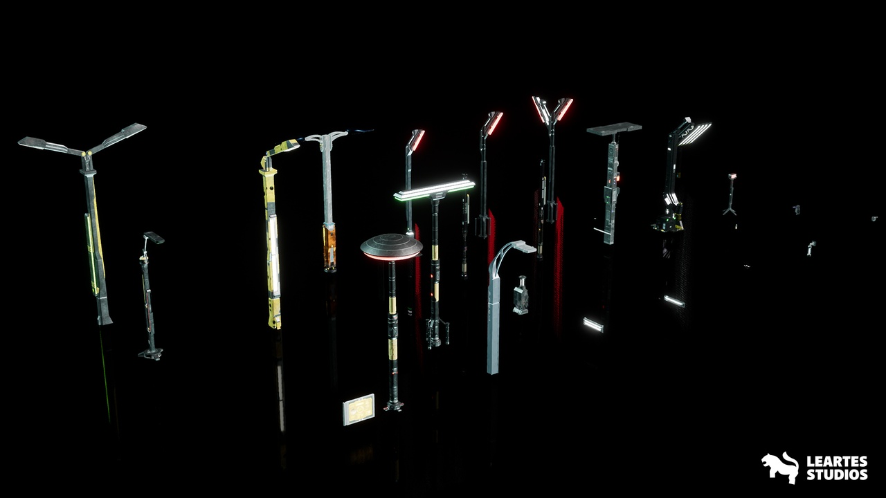 赛博朋克风街灯 – Cyberpunk Street Lights (Cyberpunk Street Light Lamp Futuristic Fantasy 3D Art)
