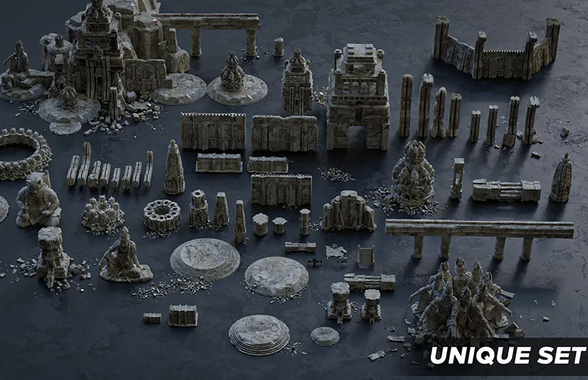 远古神庙遗迹3.0套装 – Ancient Temple 3.0 | Old ruins of the temple | 3D Kitbash Asset Pack