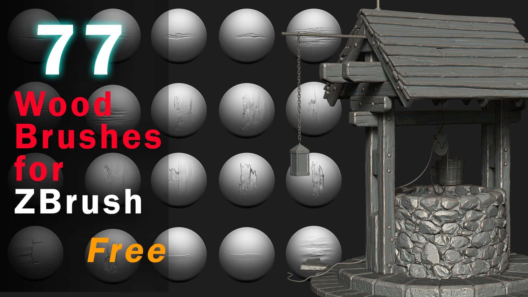 77款免费木质笔刷套装 – 77 Free Wood Brushes for ZBrush