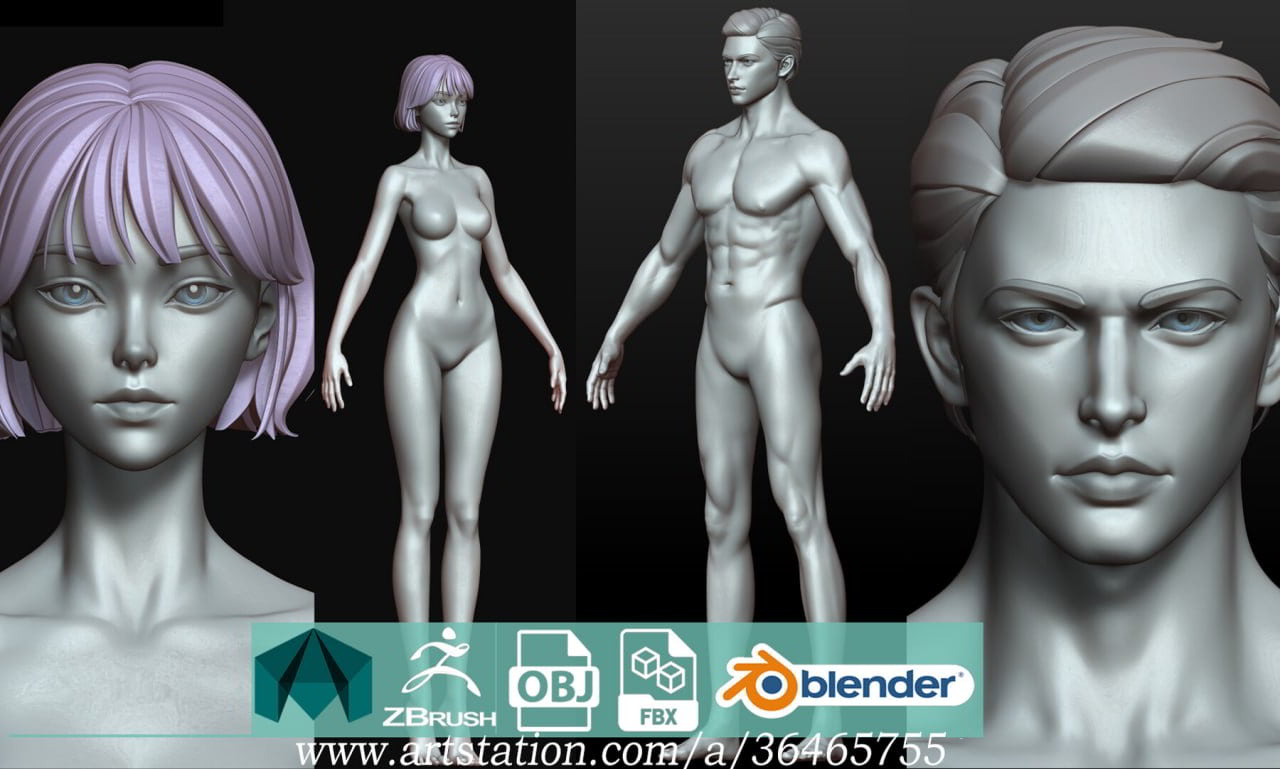 奇幻风格男女基础人体模型 – Fantasy Female and Male Body Model