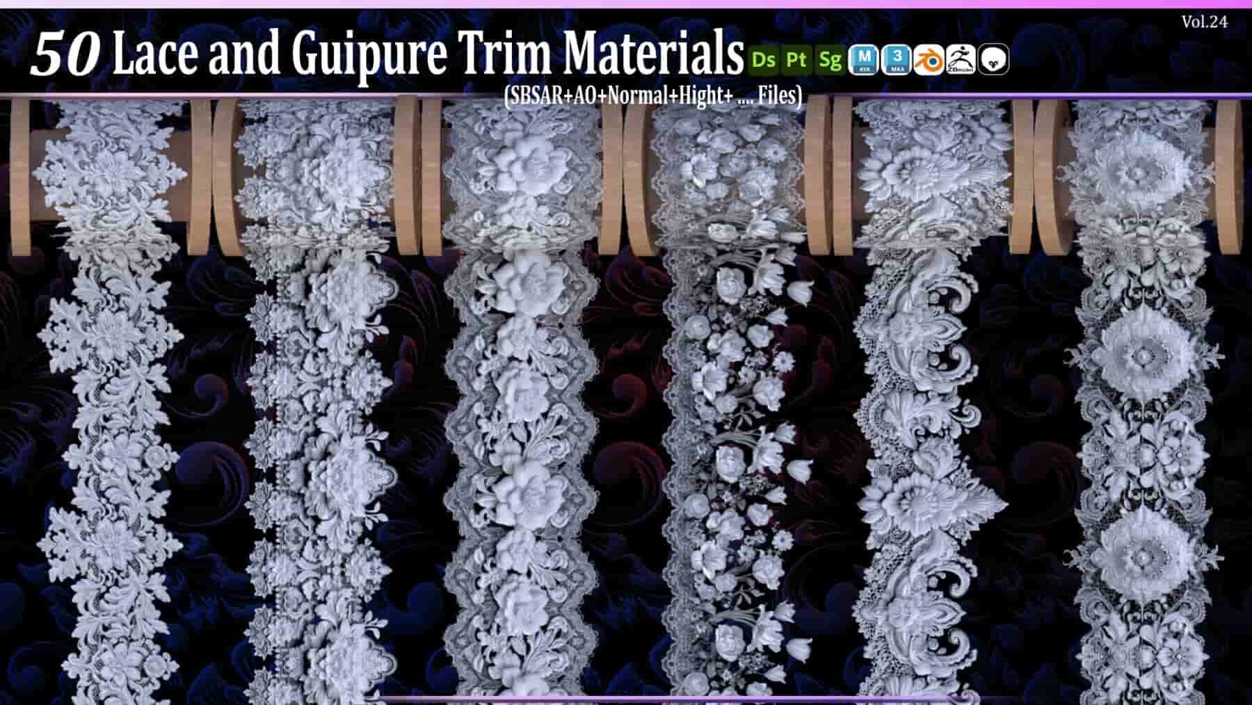 50种花边和镂空装饰材料 – 第24卷 (SBSAR + 纹理) – 50 Lace and Guipure Trim Materials (SBSAR + Textures)…Vol24