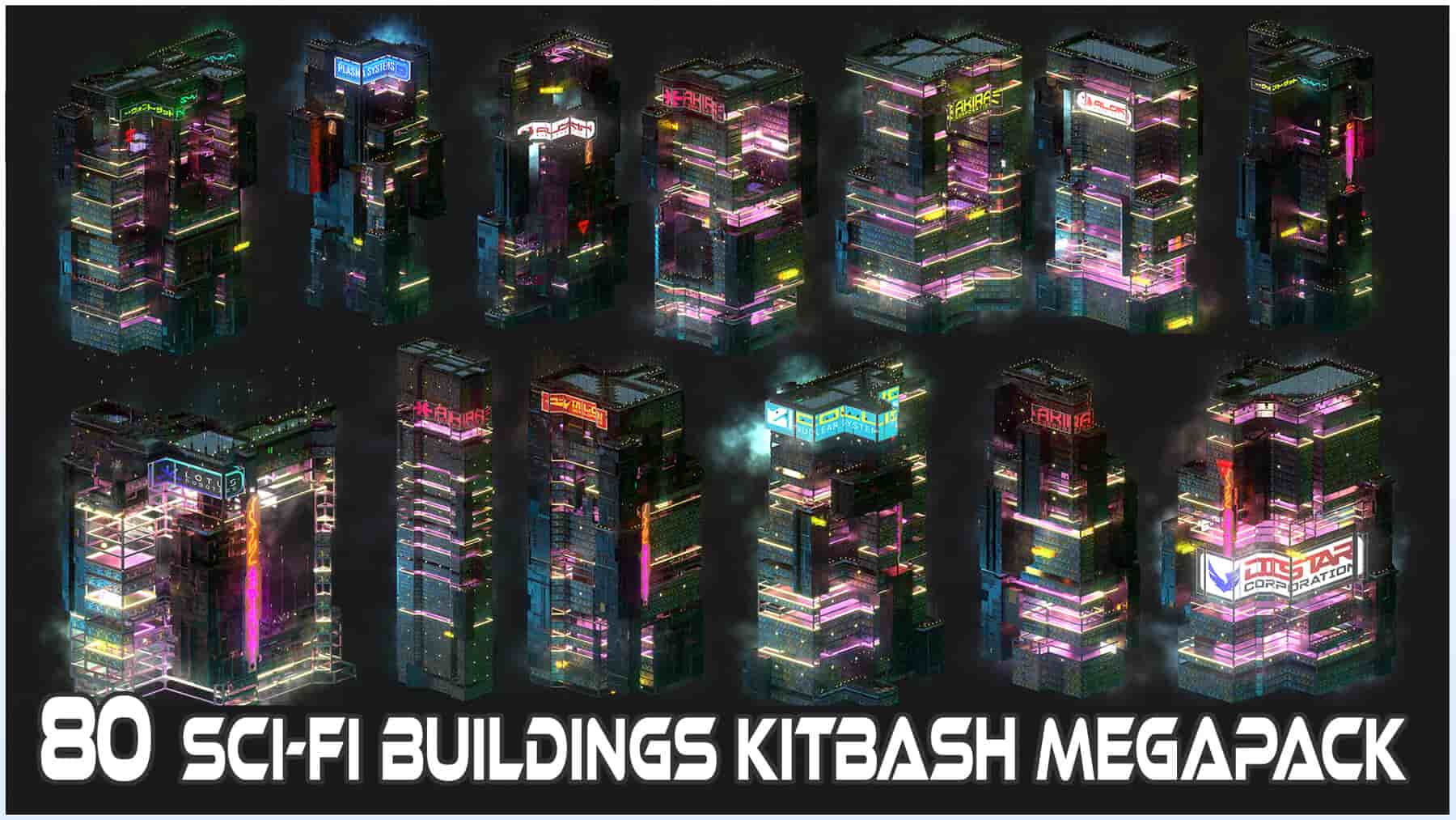 80款科幻赛博朋克城市建筑拼贴包 – 80 Sci-Fi Cyberpunk City Building Kitbash Pack