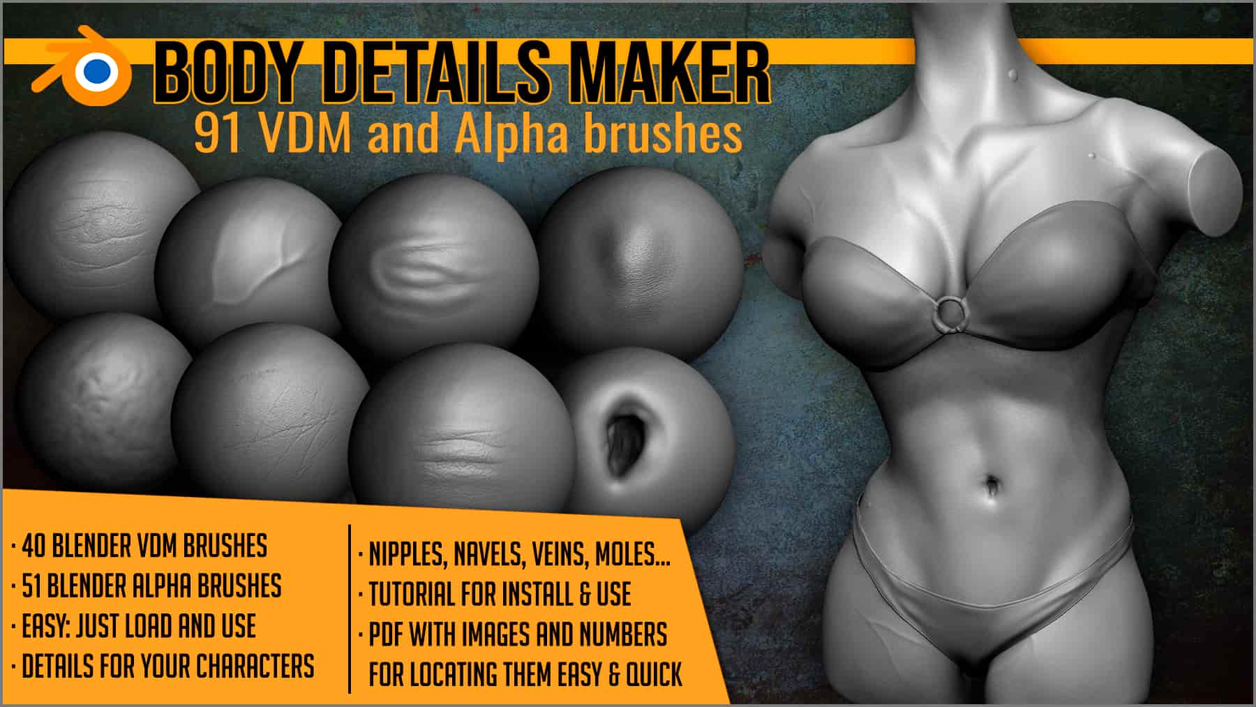 Blender人体细节VDM雕刻笔刷 – Body Details Vdm Brushes For Blender