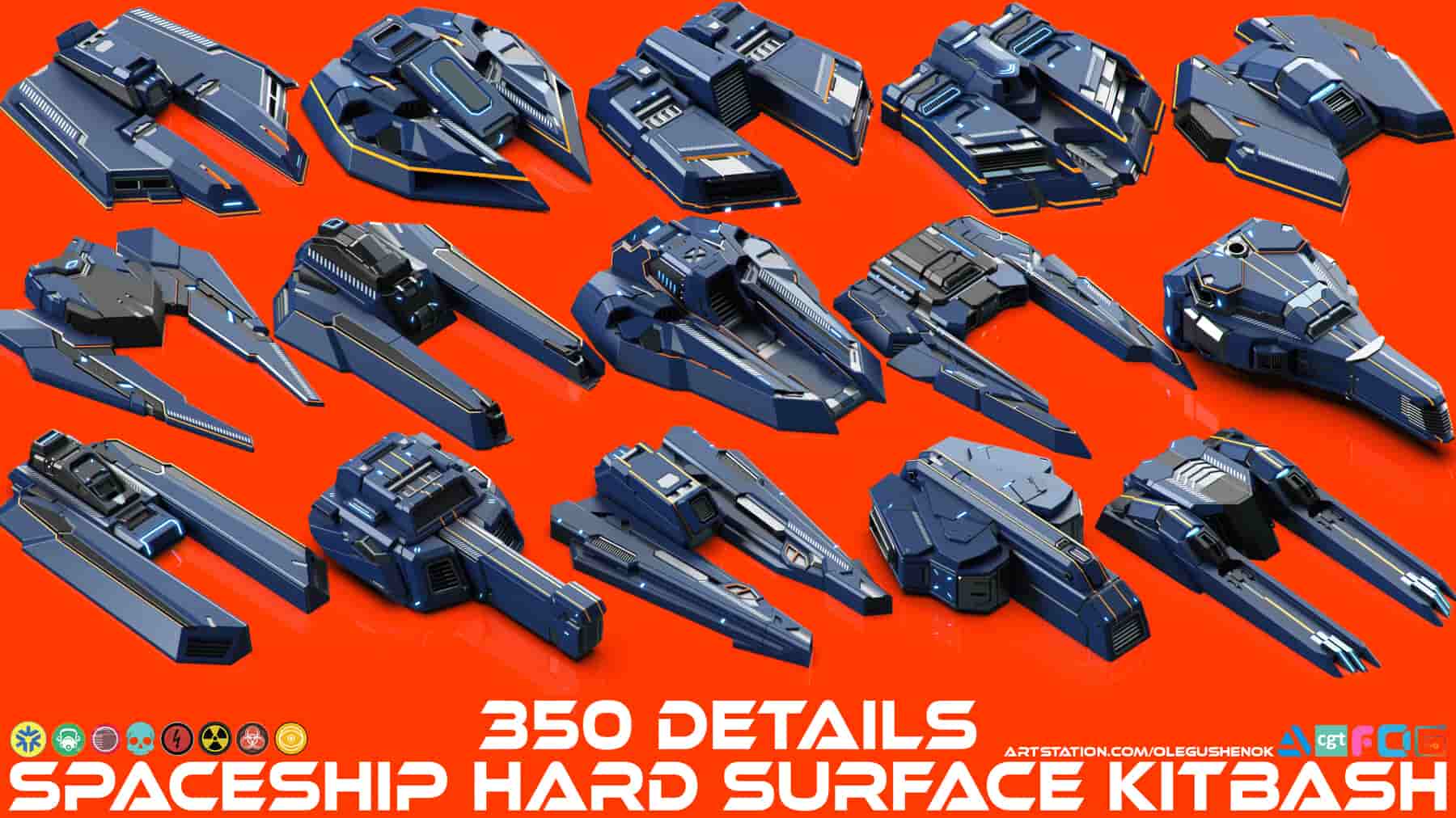 宇宙飞船硬表面拼接组件 – 350个细节部件 – SPACESHIP Hard Surface KITBASH 350 DETAILS