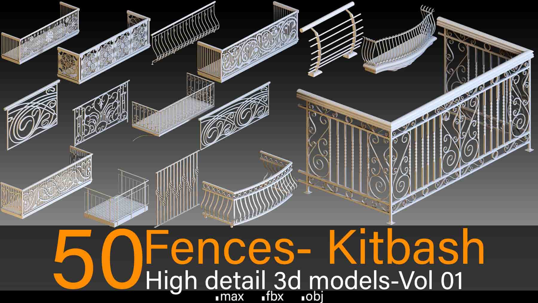 50种围栏模型合集第一卷 – 高细节3D模型 – 50 Fences- Vol 01- Kitbash- High detail 3d models