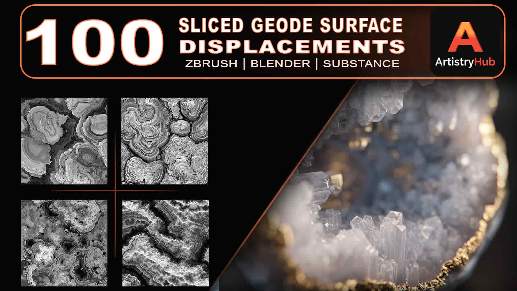 100款切片晶洞表面置换贴图 – 4K | 可平铺，无缝，高质量 第一卷 – 100 Sliced Geode Surface Displacement Maps – 4K | Tileable, Seamless, High-Quality Vol.1