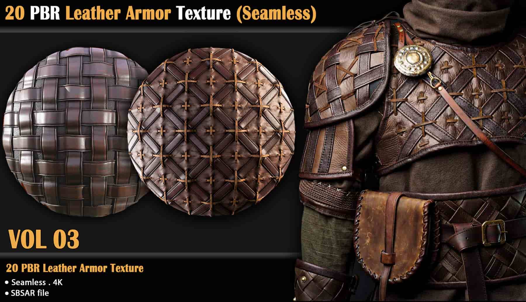 20 款 PBR 皮革护甲无缝纹理合集 (Vol 03) – 20 PBR Leather Armor Texture /Seamless (Vol 03)