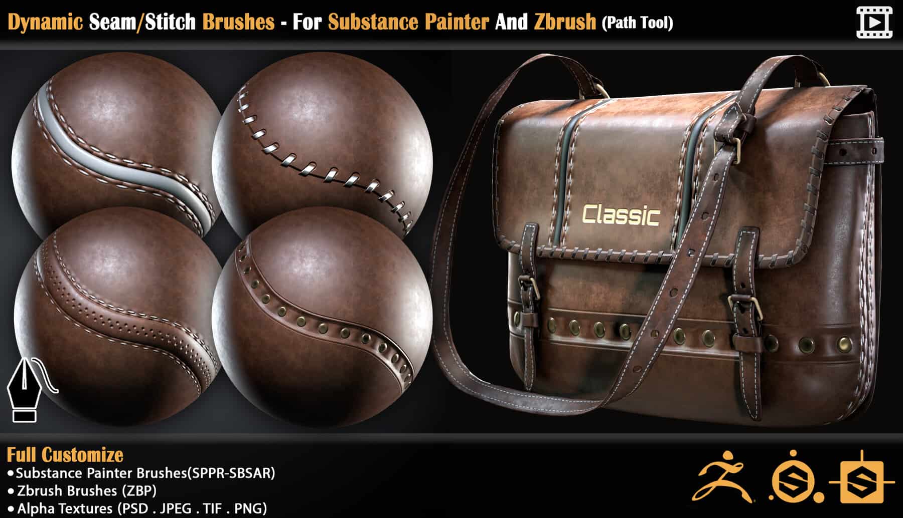 动态缝线 / 缝合笔刷 – Dynamic Seam/Stitch Brushes – For Substance Painter And Zbrush (Path Tool)