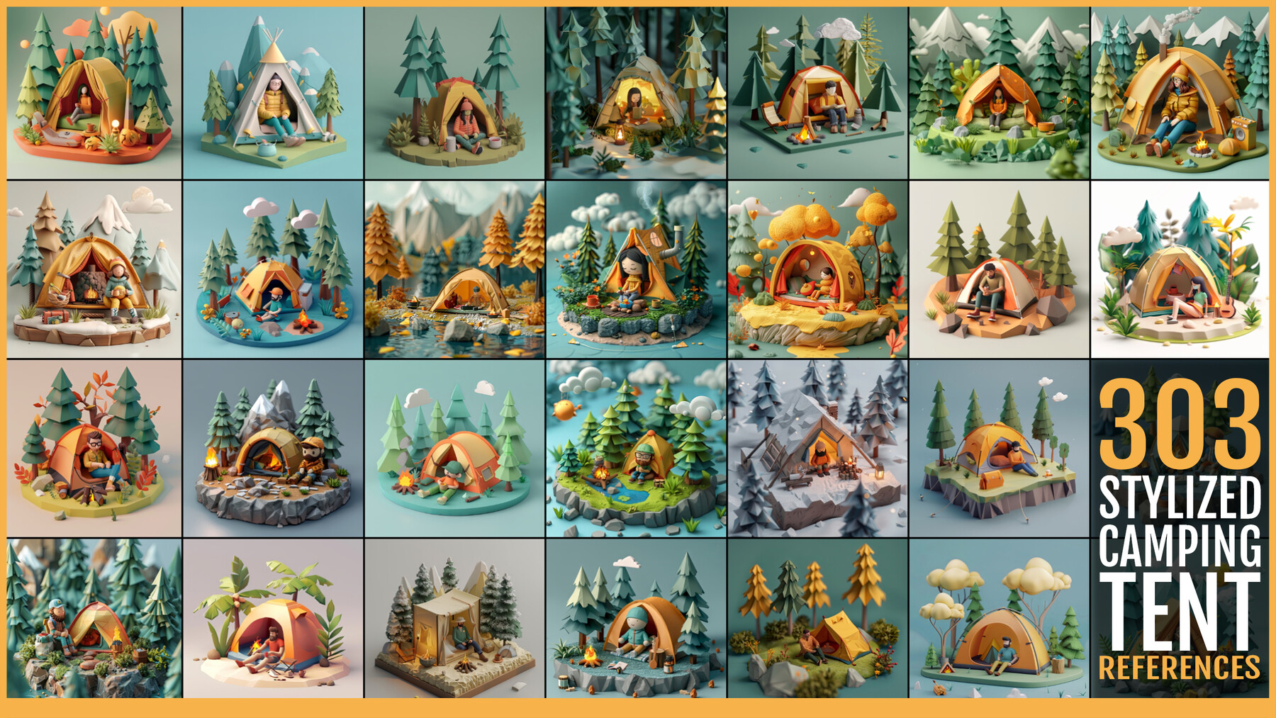 303张风格化等距露营帐篷参考图集 – 303 stylized Isometric Camping Tent