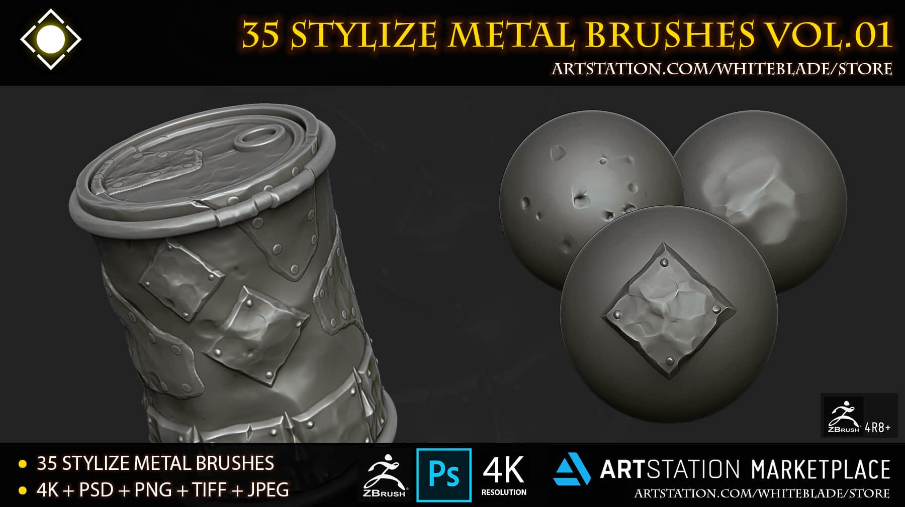 35款风格化金属笔刷与4K Alphas第一卷 – 35 Stylize Metal Brushes and 4K Alphas Vol.01 (ZBrush 4R8+)