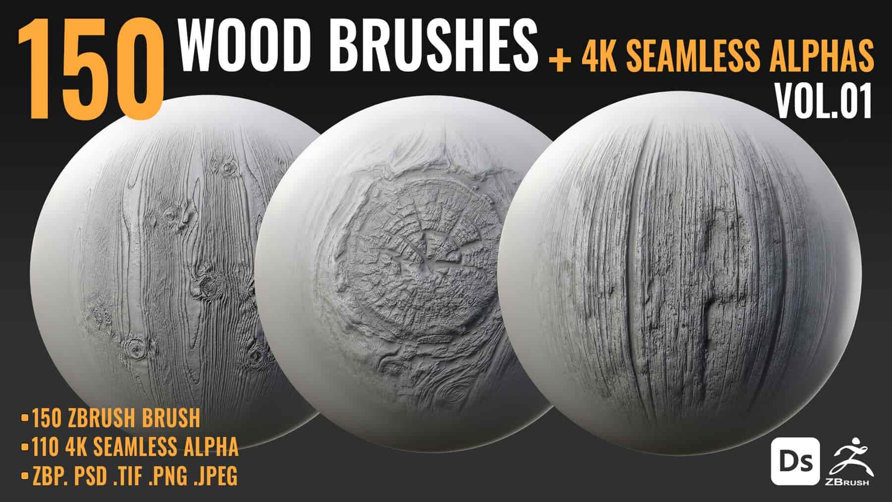 150款木纹笔刷与4K无缝Alphas第一卷 – 150 WOOD BRUSHES + 4K SEAMLESS ALPHAS – VOL 01