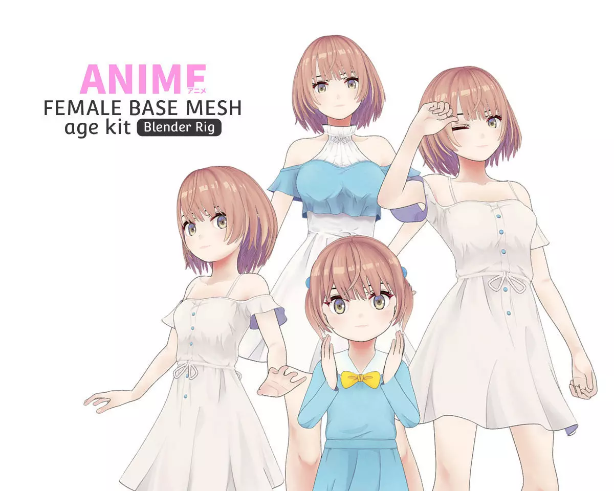 动漫女性基础网格年龄套件低多边形3D模型 – Anime Female Base Mesh Age Kit Low-poly 3D model