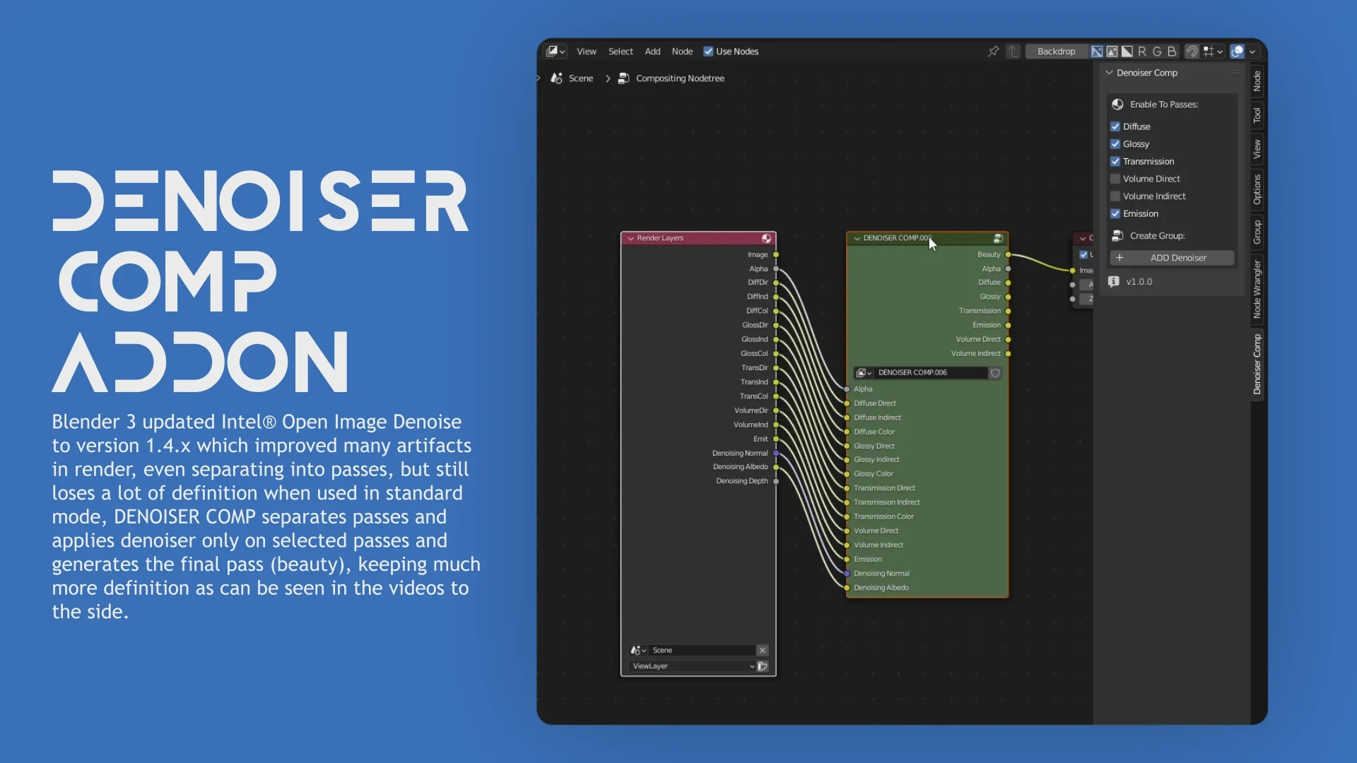 blender多通道EXR智能降噪导出插件 – Denoiser Comp v2.0.0 Beta