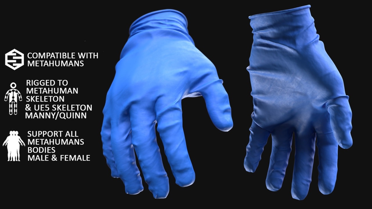 手术手套 MetaHuman 3D 模型 147 – MH 和 UE5 骨骼 – 已绑定 – Surgery Gloves Metahuman 3D model 147 – MH & UE5 Skeletons – Rigged