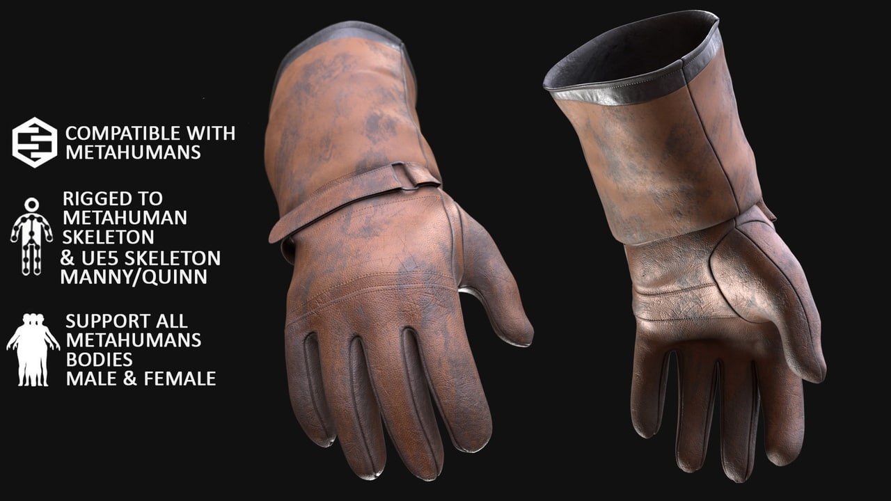 工作手套 MetaHuman 3D 模型 146 – MH 和 UE5 骨骼 – 已绑定 – Work gloves for Metahuman 3D model 146 – MH & UE5 Skeletons – Rigged