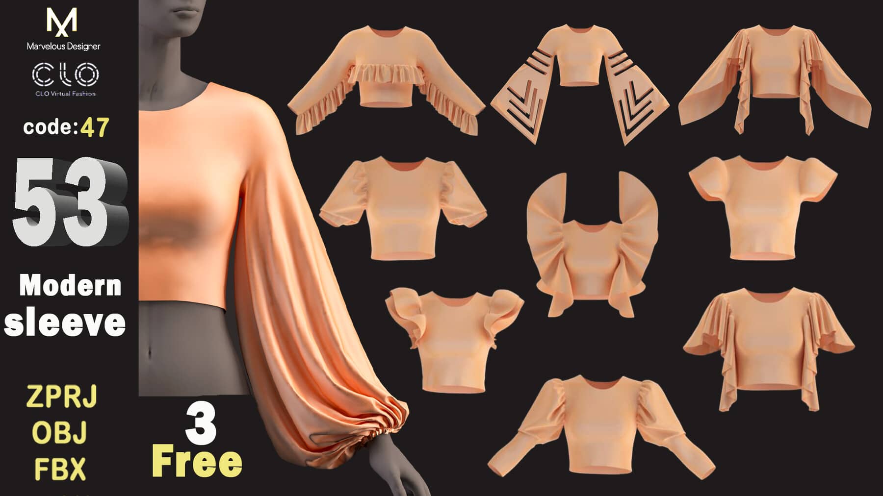 53款袖子，3款免费（ZPRJ、FBX、OBJ、MTL）- 53 Sleeves , 3 free , (ZPRJ , FBX , OBJ , MTL)