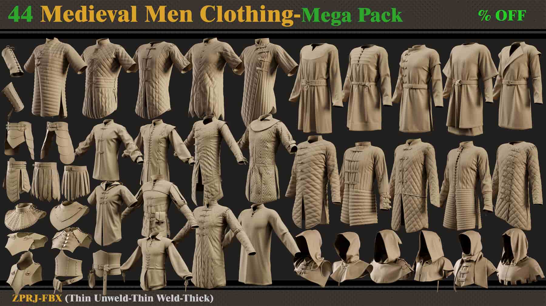 45 款中世纪男性服装 – 超级包（zprj-fbx）- 第 4 卷 – 45 Medieval Men Clothing-MEGA PACK(zprj-fbx)- VOL 4
