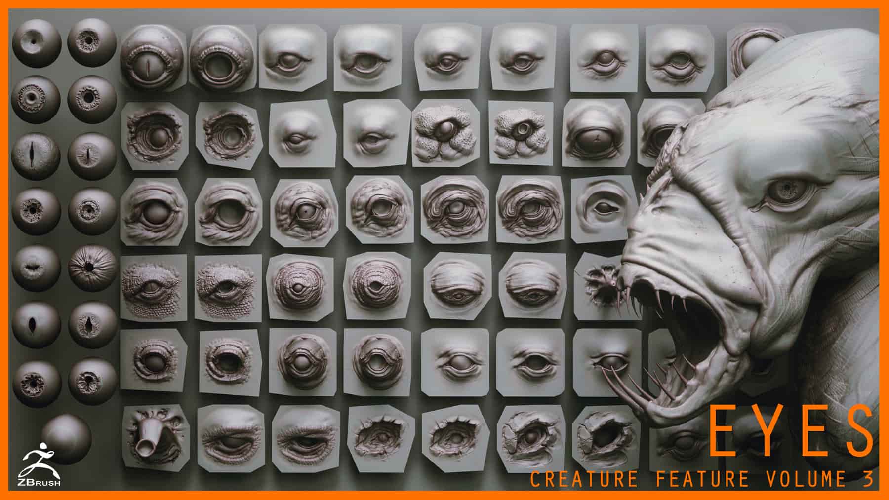 眼睛 – 28 种 ZBrush VDM 生物眼睛 + 15 种眼球 IMM 笔刷 – EYES – 28 Zbrush VDM creature eyes + 15 Eyeballs IMM brush