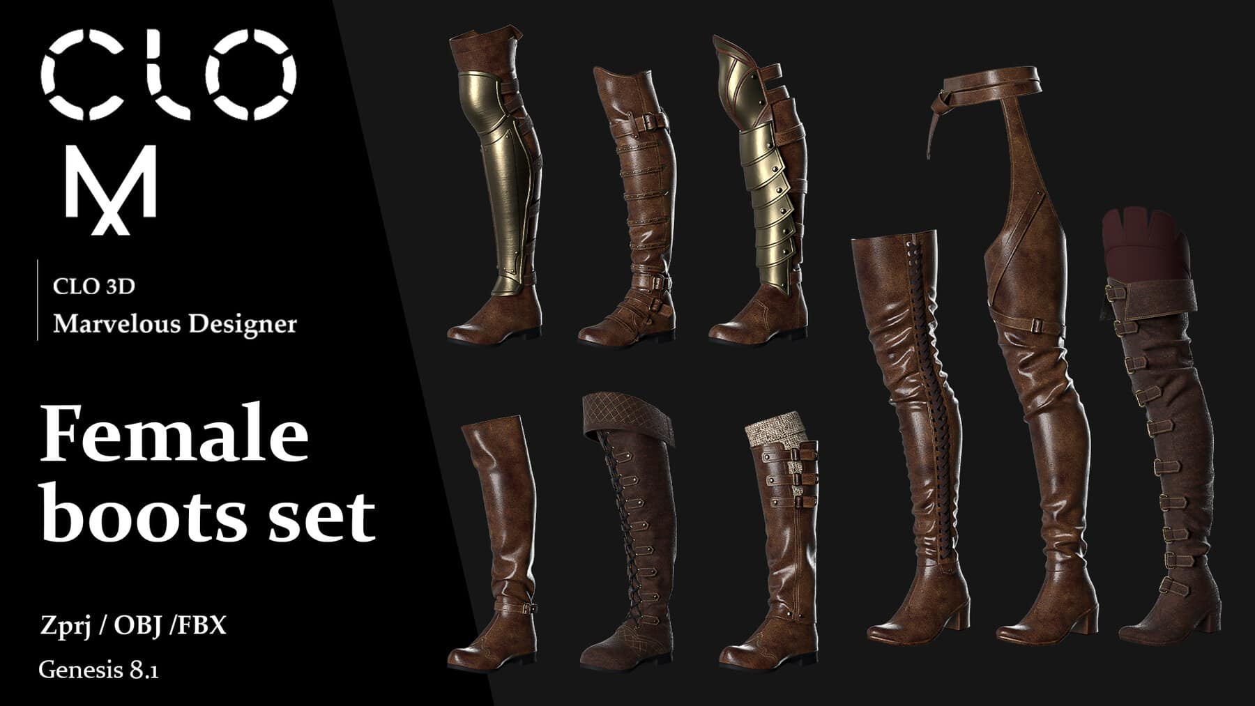 女性靴子套装 / Marvelous Designer/Clo3D 项目文件 + OBJ, FBX – Female boots set / Marvelous Designer/Clo3D project file + OBJ, FBX