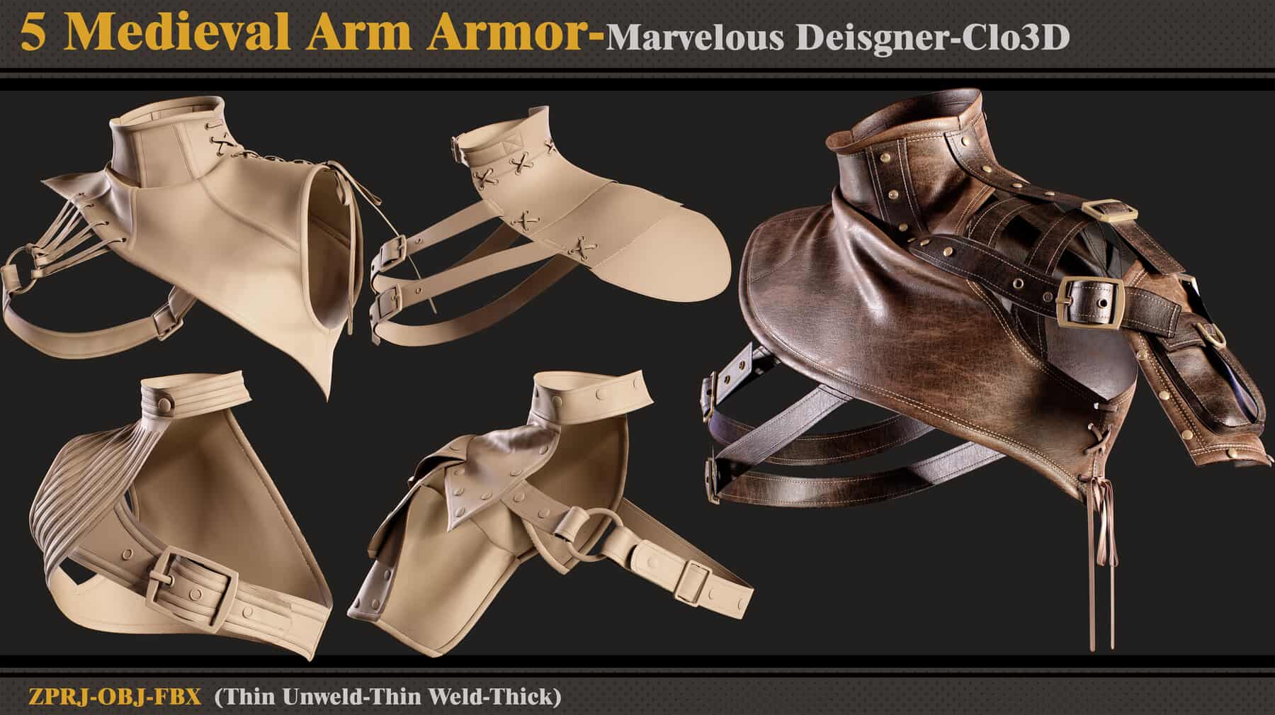 5 件中世纪臂甲 / Marvelous Designer-Clo3D（ZPRJ + FBX + OBJ）- 5 Medieval Arm Armor/Marvelous Designer-Clo3D (ZPRJ + FBX + OBJ)