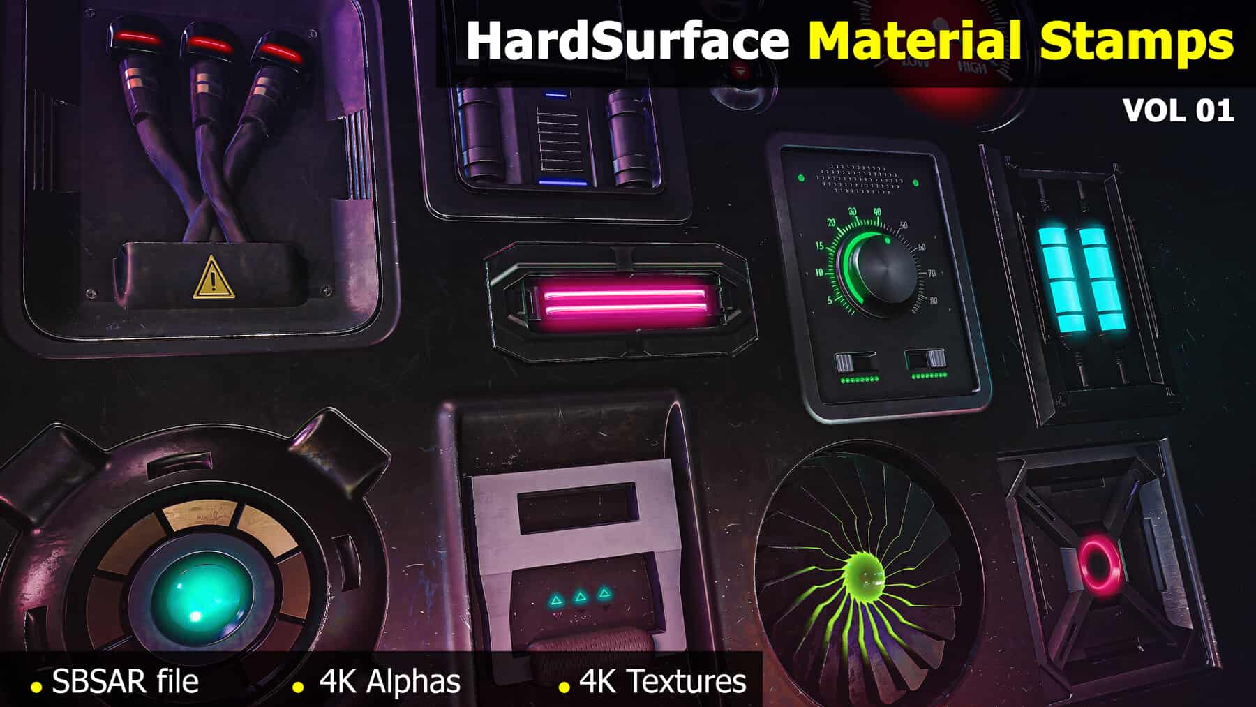 15 种硬表面材质印章 – 自发光硬表面 – 4K 纹理和 Alpha + 3 个免费样本 – 第 01 卷 – 15 HardSurface Material Stamps – Emissive HardSurfaces -4k Textures & Alphas+3 Free Samples-VOL 01