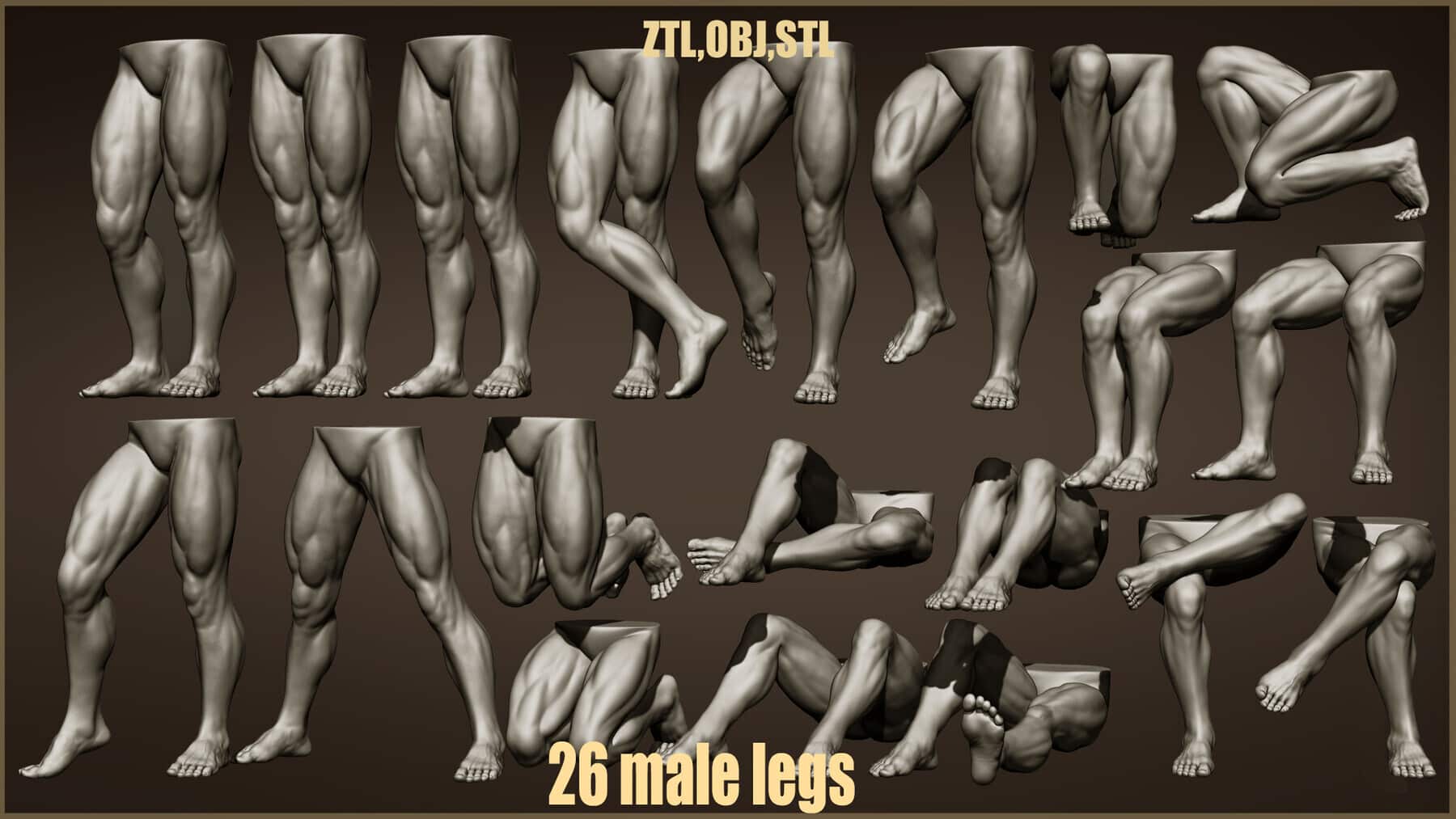 26 种男性腿部姿势 ZTL+OBJ+STL – 26 Male leg poses ZTL+OBJ+STL
