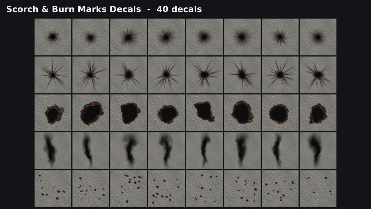 灼烧与烧痕贴花 – Unity与Unreal 40款套装 – Scorch & Burn Marks Decals – 40 Pack for Unity & Unreal