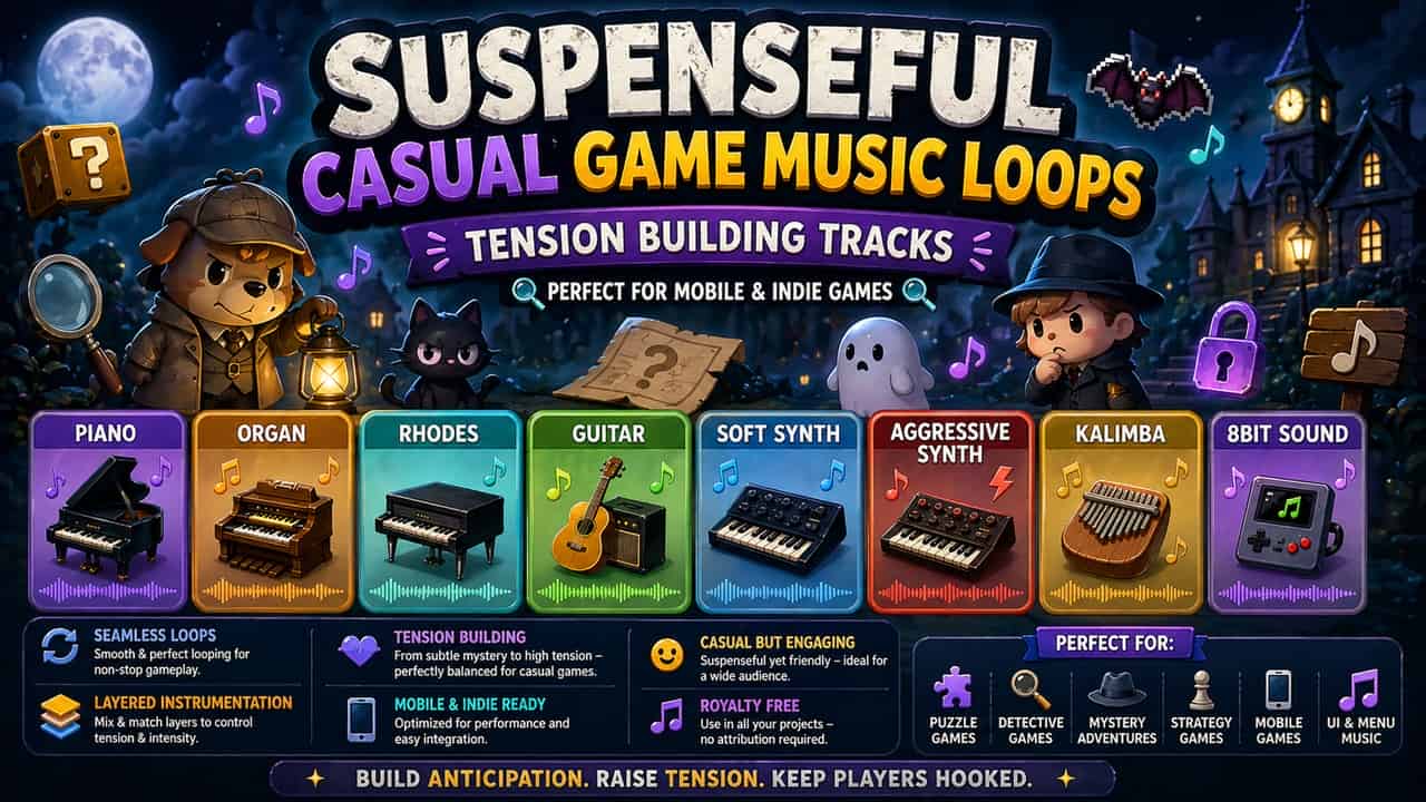 悬疑休闲游戏音乐循环 – 张力营造曲目 – Suspenseful Casual Game Music Loops – Tension Building Tracks