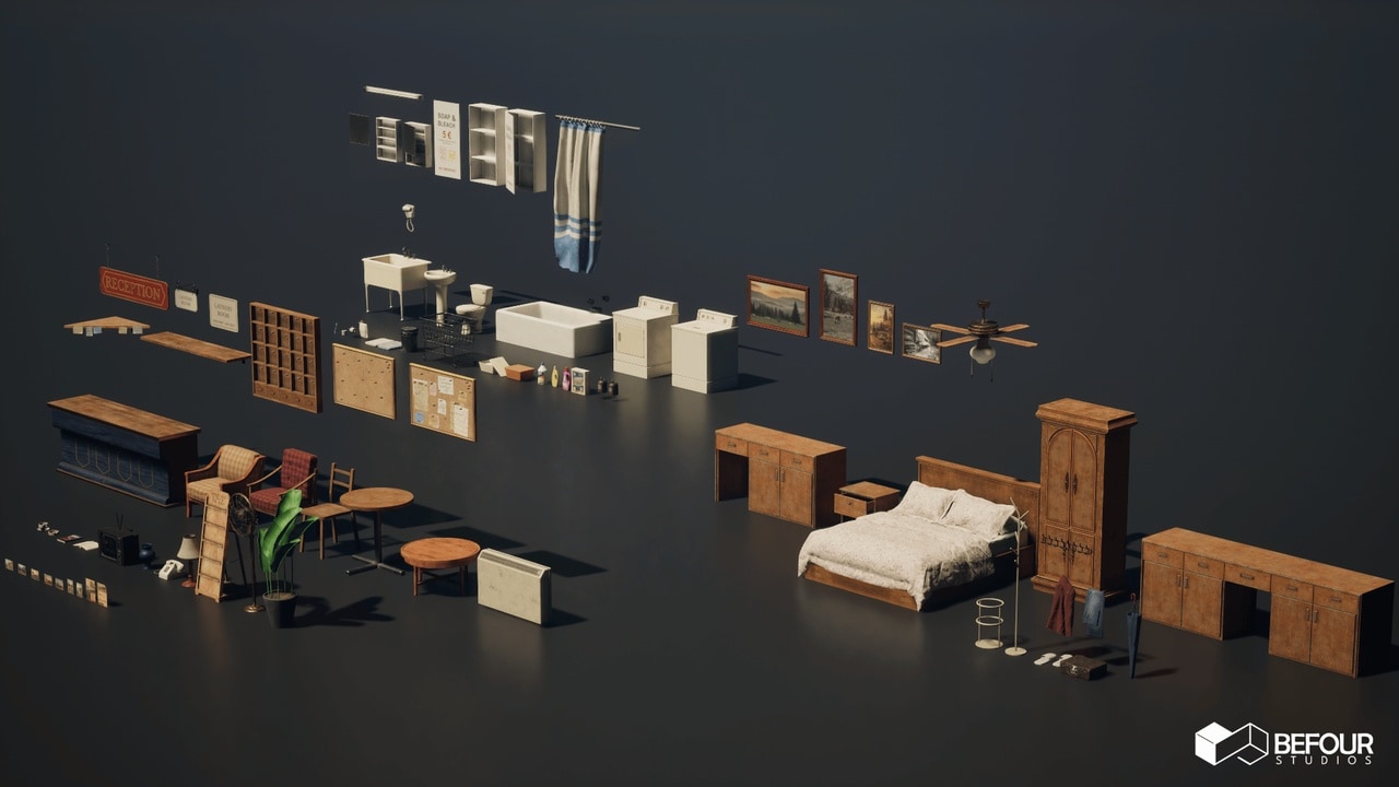 汽车旅馆家具道具包（客房 + 前台 + 洗衣房） – Motel Furniture Props Pack (Room + Reception + Laundry)